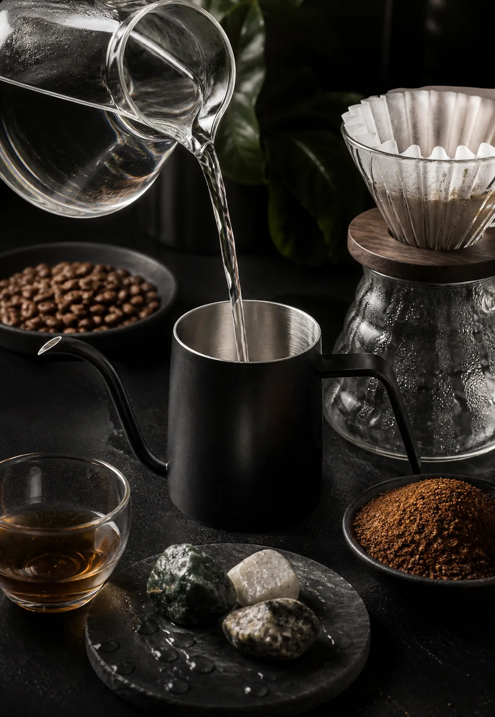 Water is most of the cup: Water quality brewing scene with clear water pouring into a kettle beside filter, beans, grounds, cup, and mineral stones