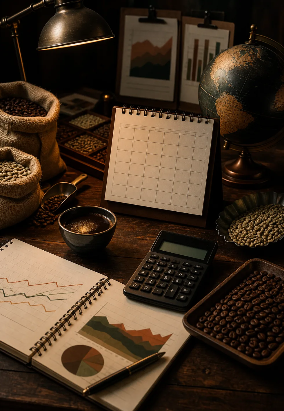 Coffee numbers need dates: Coffee market data desk with sacks, sample trays, globe, blank calendar, abstract charts, calculator, and cupping cup