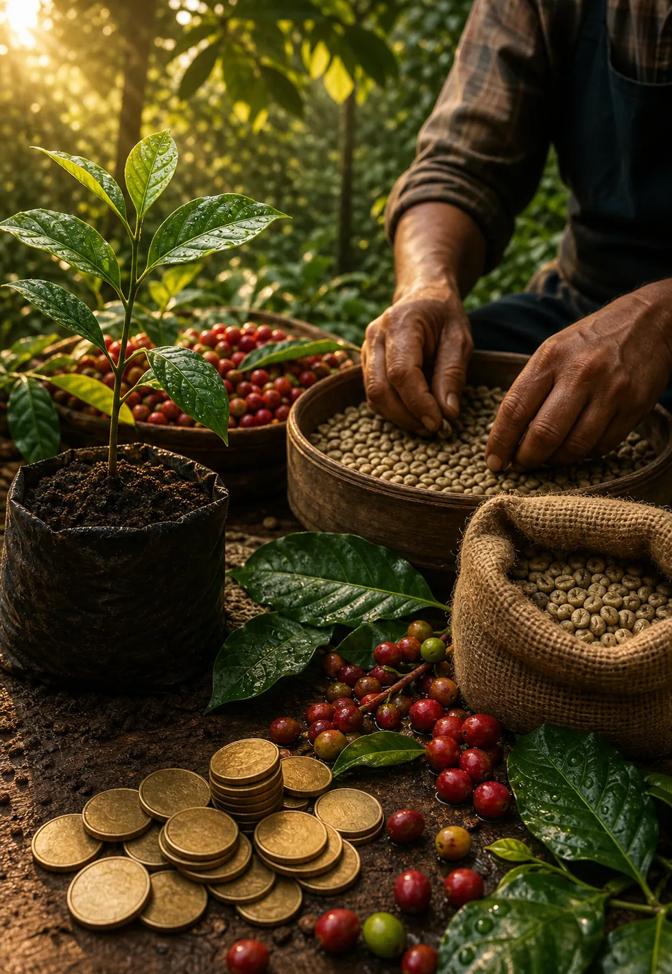 Sustainability has three sides: Sustainable coffee farm scene with seedling, cherries, farmer hands, green beans, burlap sack, coins, and wet leaves