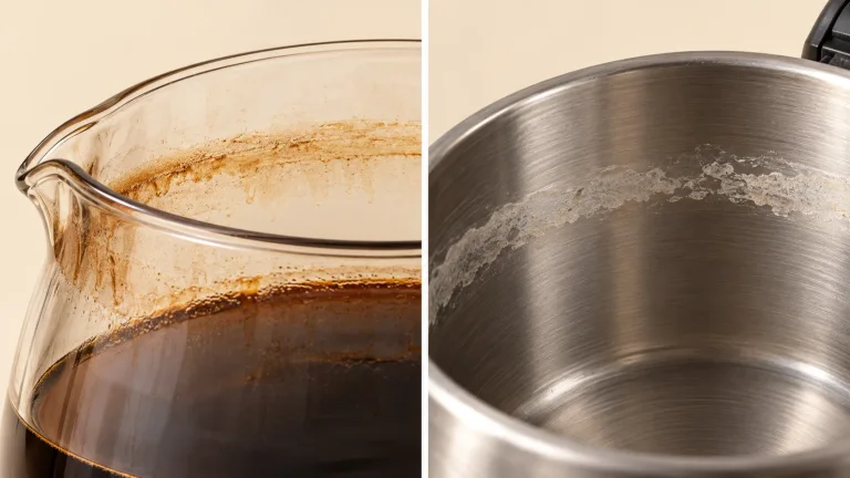 AI illustration contrasting brown coffee residue on glass with pale mineral deposits on stainless steel