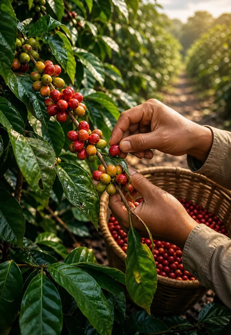 Cherries do not ripen at once: Selective coffee picking with hands choosing ripe red cherries from a branch of mixed green, yellow, and red fruit