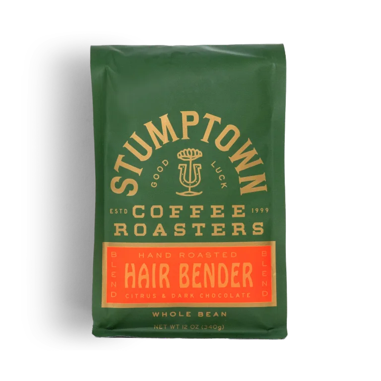 Whole-bean example: a 12 oz bag of Stumptown Hair Bender coffee