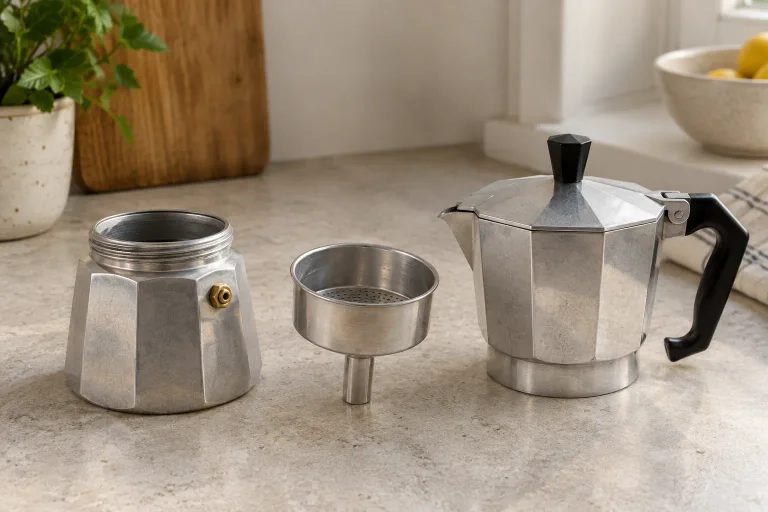 The cooled lower chamber and empty coffee funnel of a stovetop moka pot
