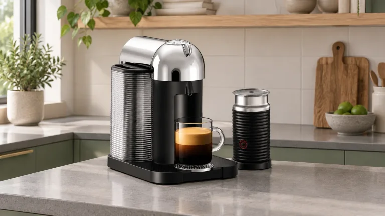 AI illustration of original Nespresso Vertuo and separate Aeroccino in a modern kitchen