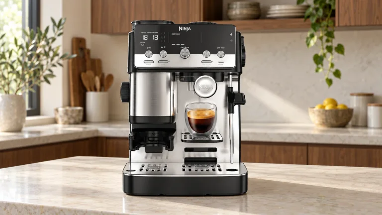 Ninja Luxe Café Mini ES301 in black on a stone counter in a modern kitchen
