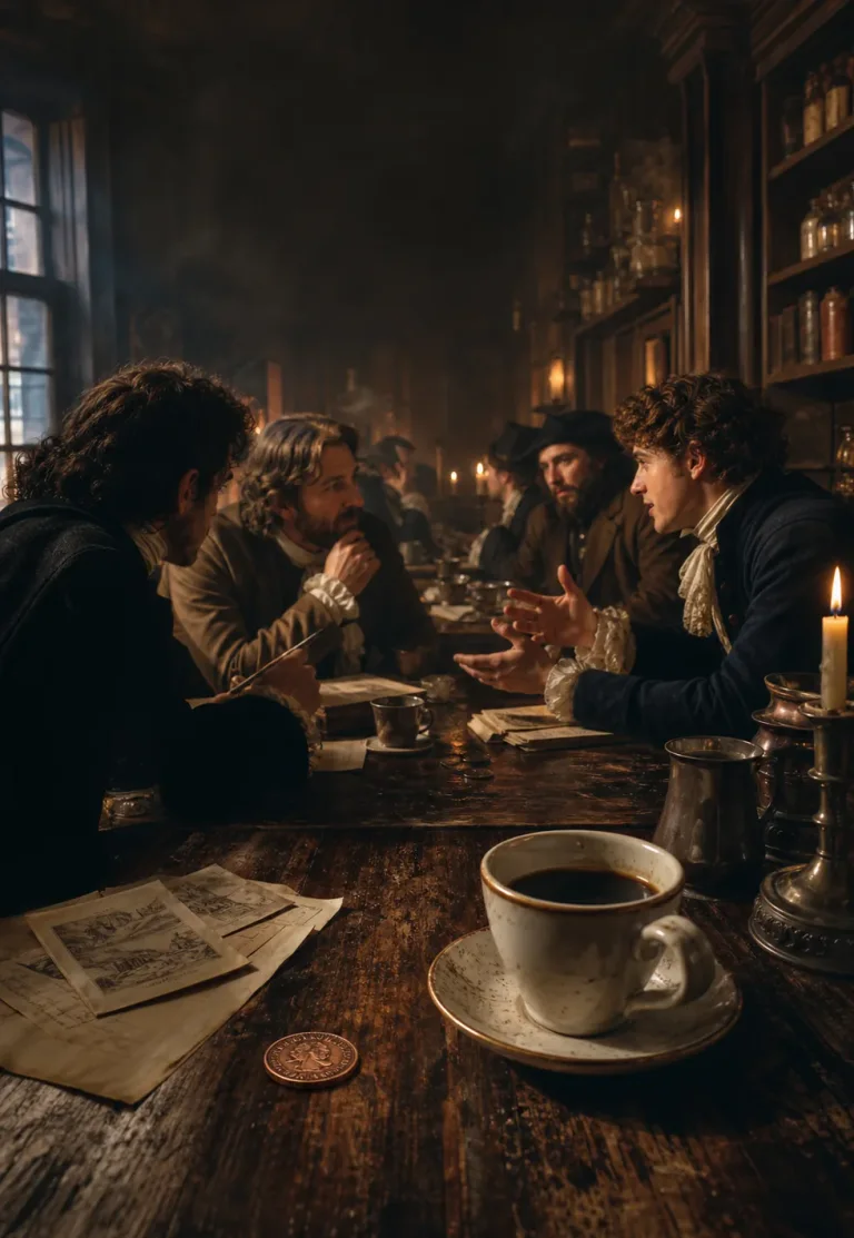 England had penny universities: 17th-century English coffeehouse table with a penny coin, coffee cup, papers, and debate