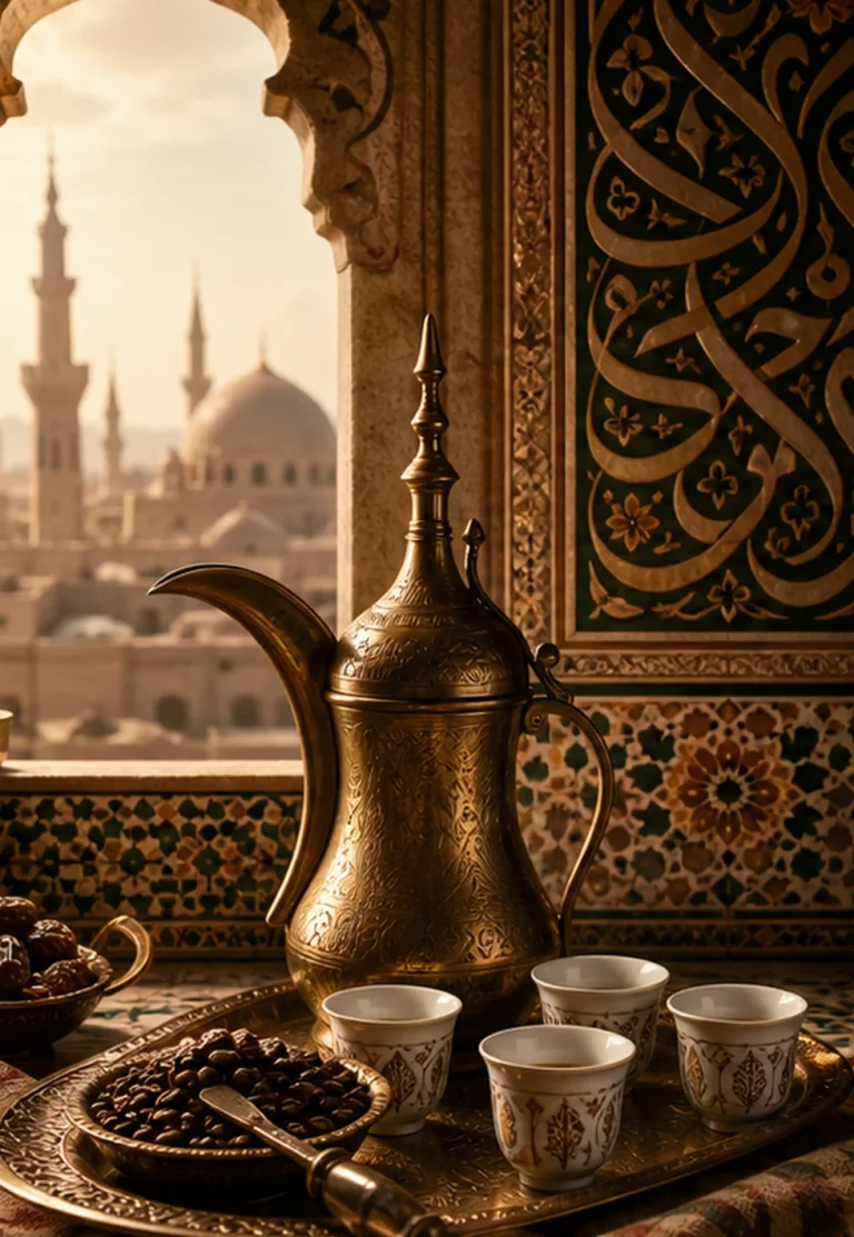 Coffee traces to qahwa: Arabic coffee ceremony with ornate pot, small cups, and patterned tiles