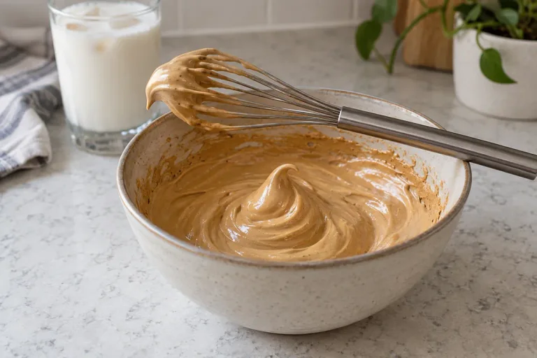 Whipped coffee with visible whisk tracks and a curved peak in a mixing bowl