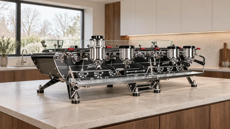 AI illustration of a four-group Kees van der Westen Spirit WideBody on a large pale stone island in a modern walnut and cream kitchen.