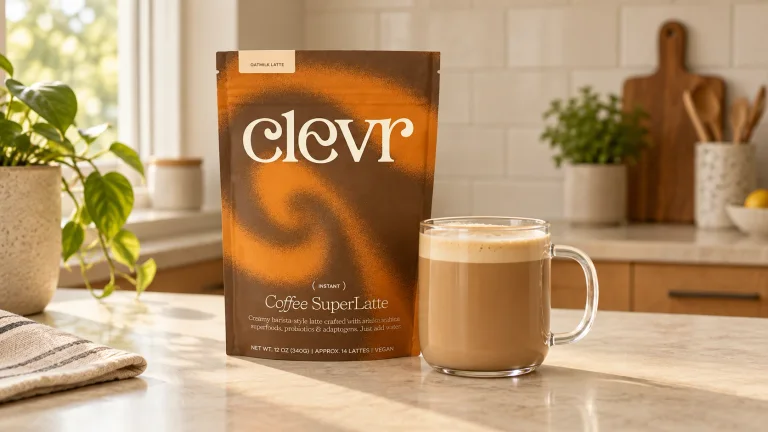 Clevr Coffee SuperLatte pouch and a glass mug of latte on a modern kitchen counter