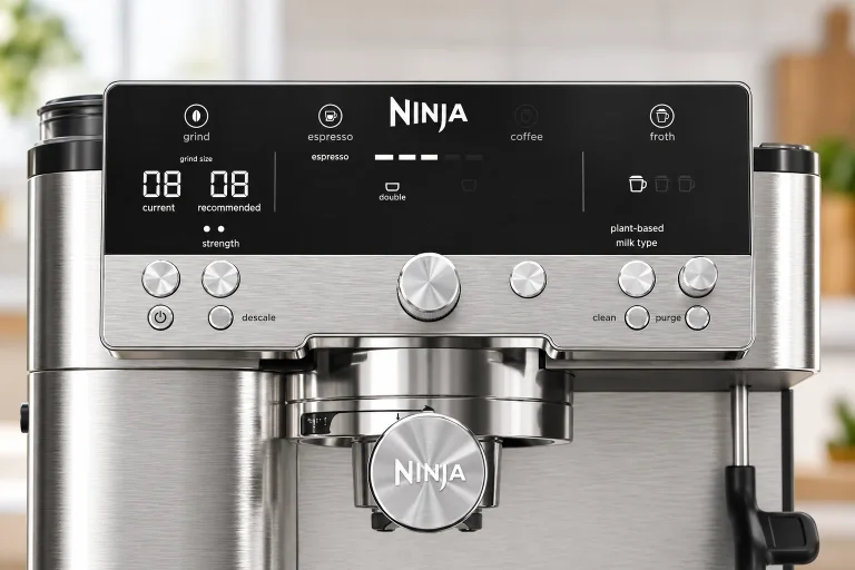 Ninja Premier control panel with current and recommended grind settings, drink choices and frothing controls