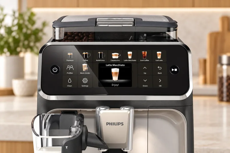 Philips 5500 control panel with Profiles, Clean, Settings and drink buttons