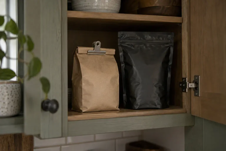 Tightly closed coffee bags stored on a shaded kitchen cupboard shelf