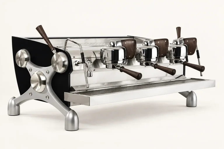 AI illustration of Slayer Espresso V3 — Dark wood finish shown.
