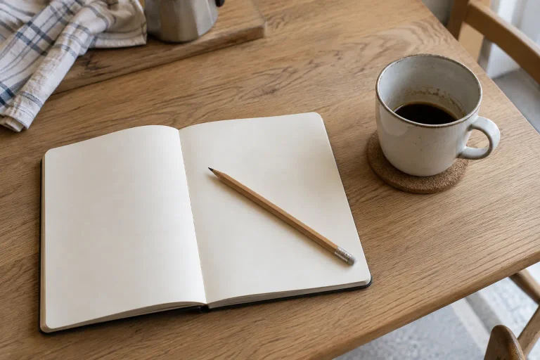 An open blank notebook and pencil beside a finished coffee tasting cup