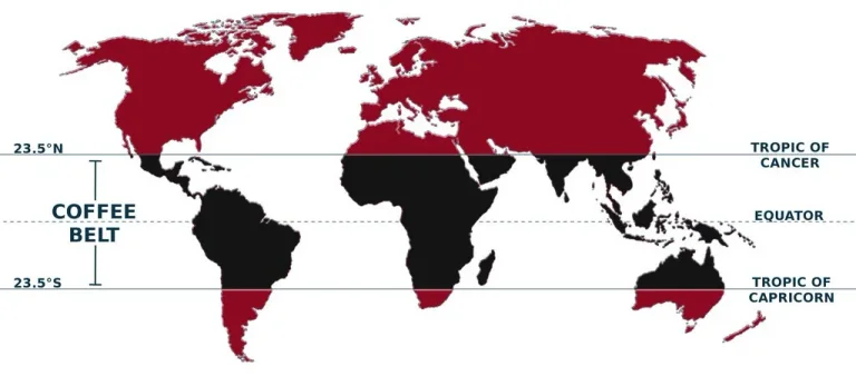 Map showing the global coffee belt where coffee is grown
