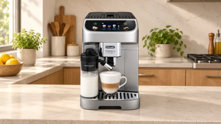 De’Longhi Magnifica Plus on a stone counter in a modern oak kitchen