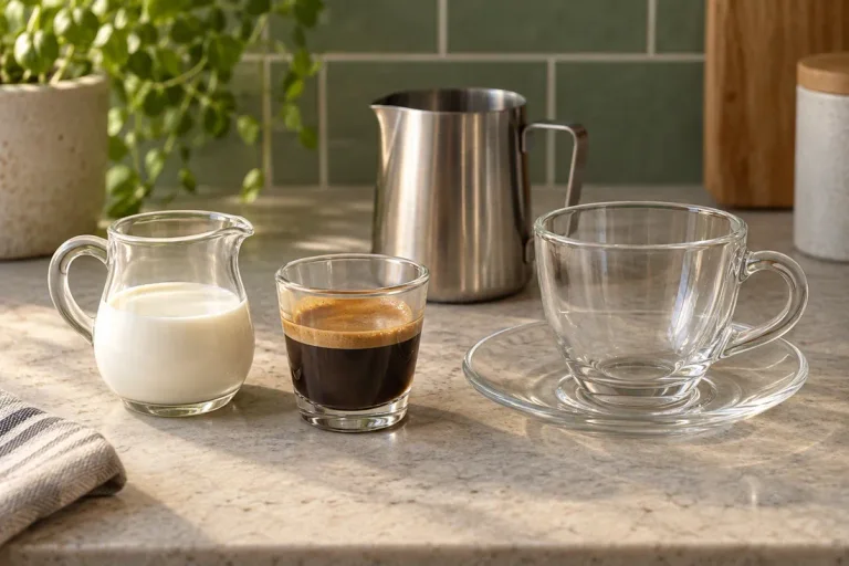 Half-and-half and espresso beside an empty cup and steaming pitcher