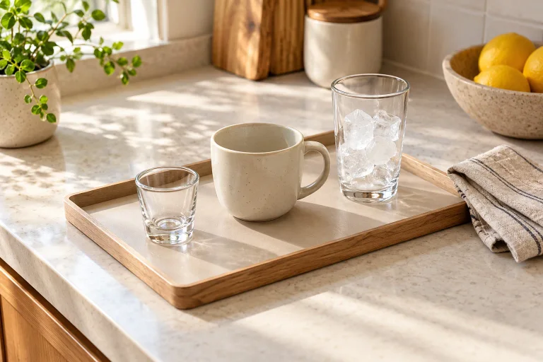 An empty espresso glass, a larger ceramic mug and an ice-filled glass arranged on a kitchen tray