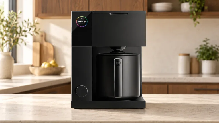 Matte black Fellow Aiden with its thermal carafe on a stone counter in a modern kitchen