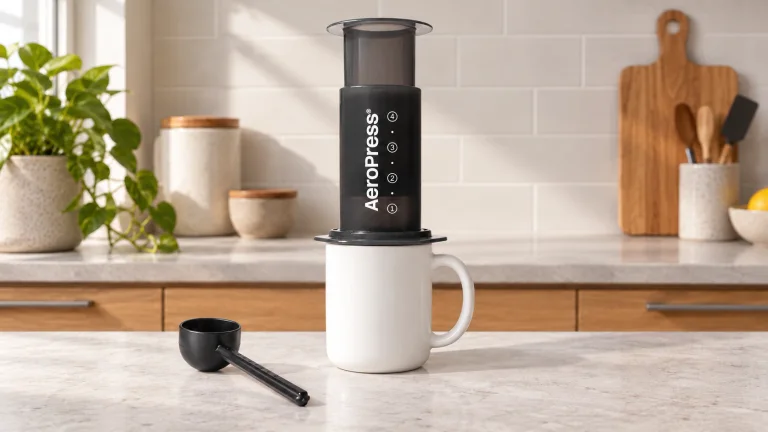 AeroPress Original standing upright on a white ceramic mug in a modern kitchen