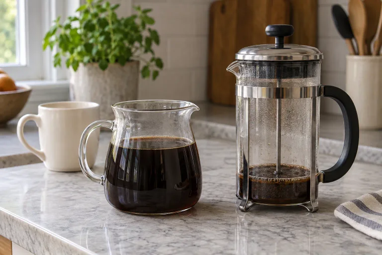 Brewed coffee in a separate carafe beside a French press holding the spent grounds