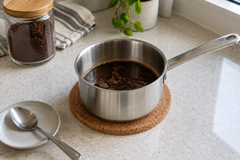 Coffee grounds steeping in a small saucepan resting off the heat on a trivet