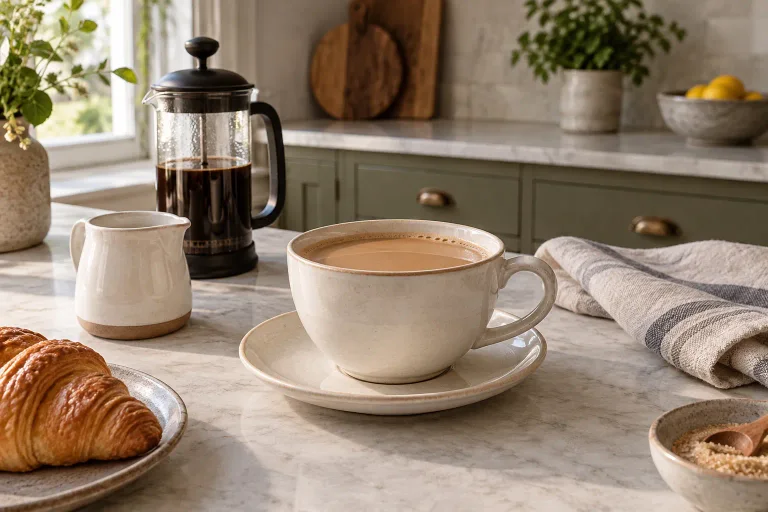 A wide ceramic cup of café au lait beside a French press and milk pitcher