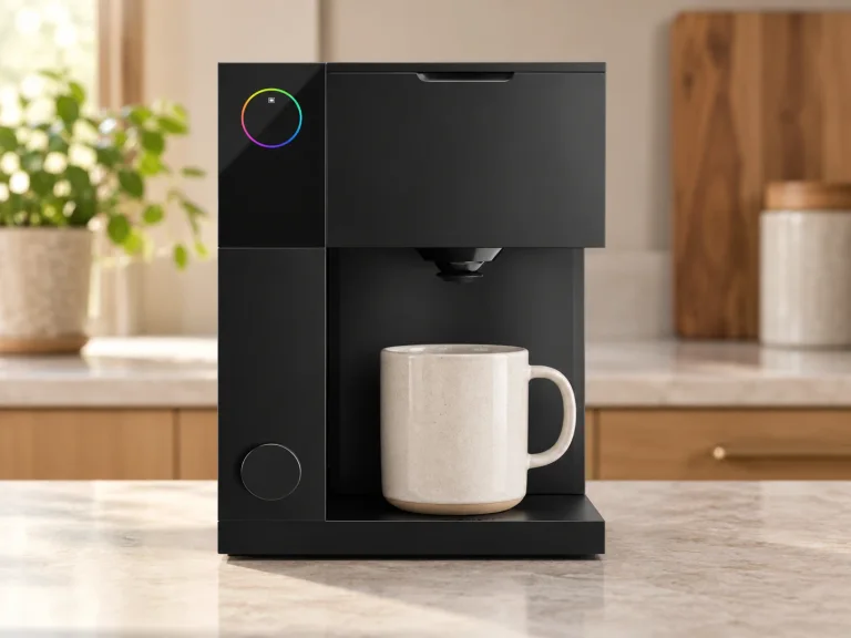 Matte-black Fellow Aiden with a short ceramic mug beneath its outlet