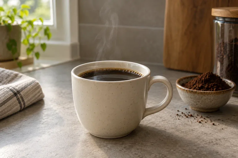 A warm ceramic cup of black coffee with a faint trace of steam