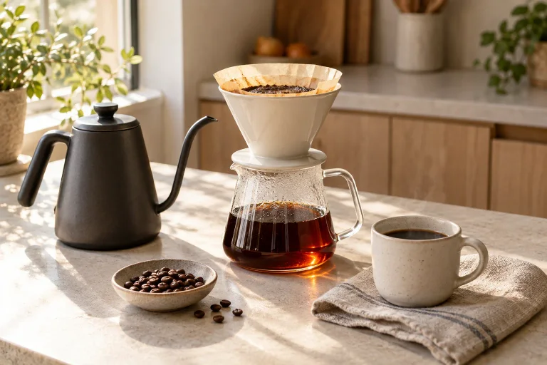 Sunlit home coffee setup with a ceramic pour-over brewer, glass server, charcoal kettle and a fresh cup of coffee.