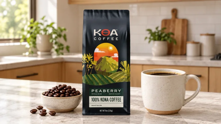 AI illustration of Koa Peaberry Whole Bean Medium Roast 8 oz in a modern kitchen