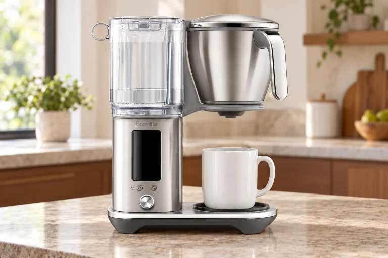 Brushed-steel Breville Luxe Thermal configured with a short white mug beneath the basket