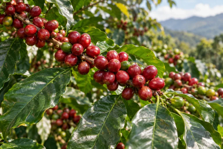 Ripe red coffee cherries on a branch