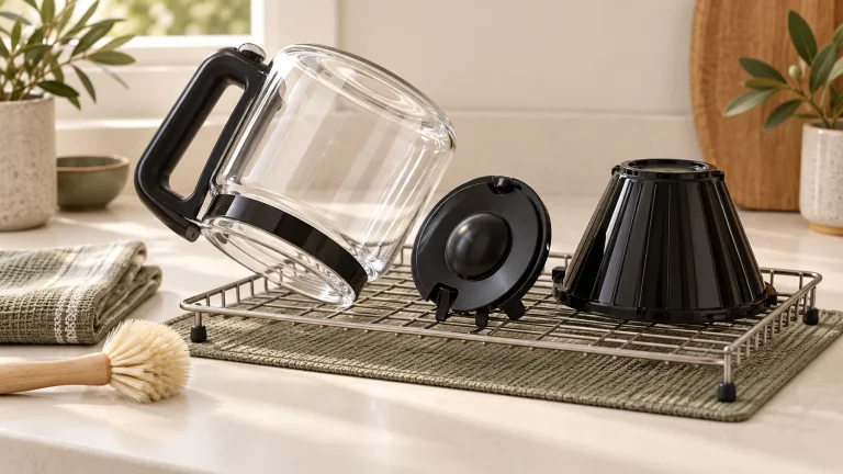 AI illustration of a glass carafe, separate lid and filter basket draining on a drying rack