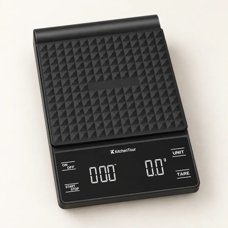 Black KitchenTour EK6002 coffee scale with silicone mat, timer and weight display