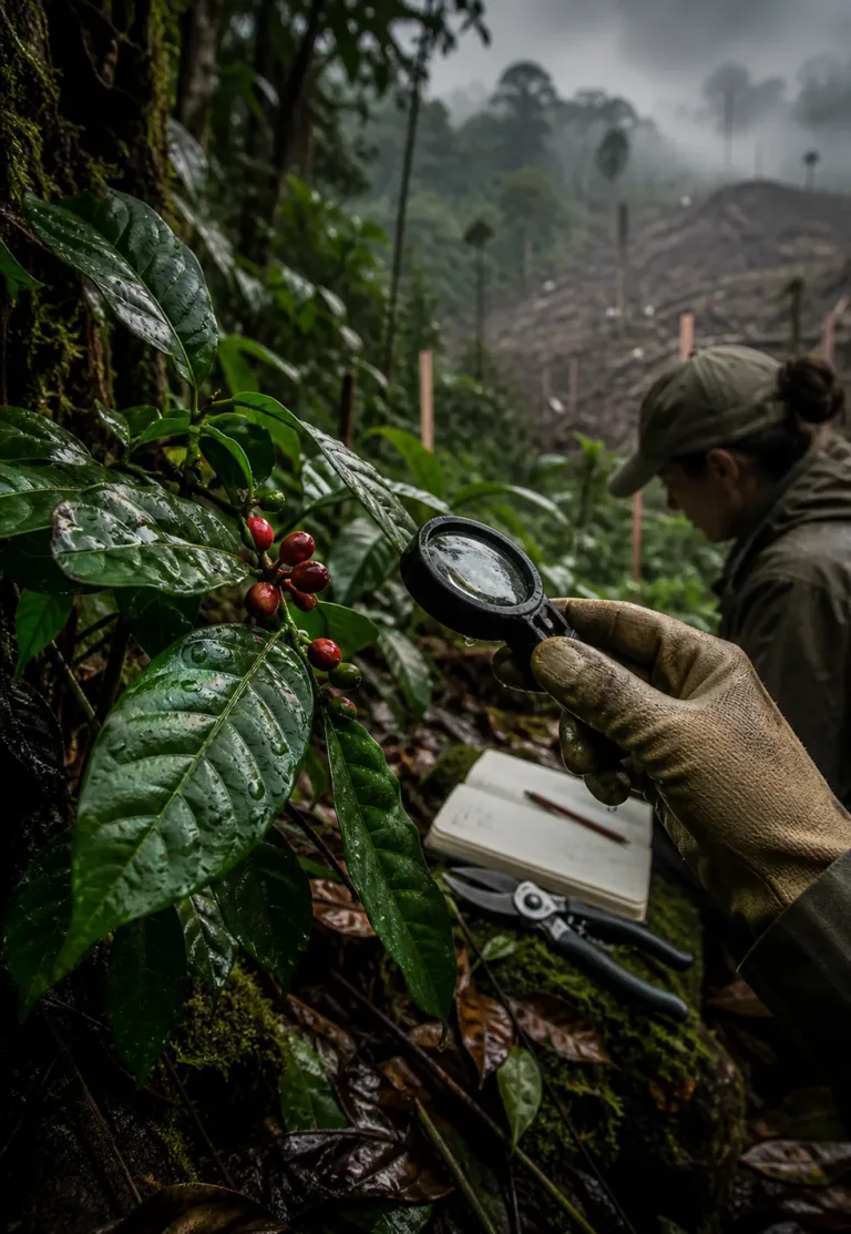 Wild coffee is threatened: Rainforest conservation field scene with wild coffee cherries, magnifying loupe, notebook, and threatened forest edge