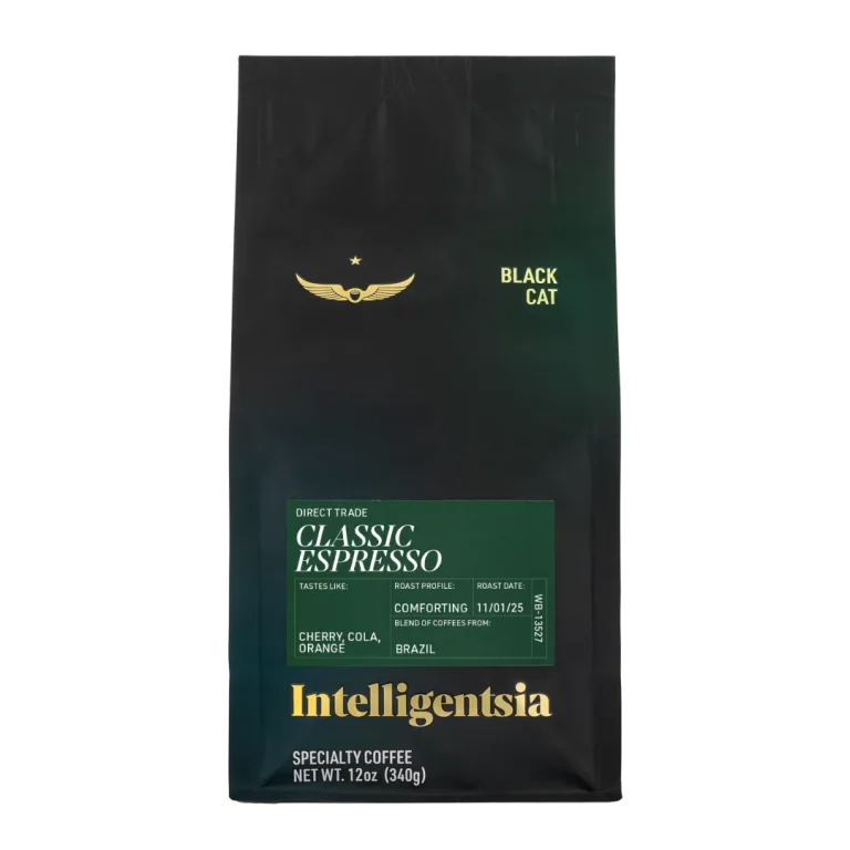 Espresso-blend example: a 12 oz bag of Intelligentsia Black Cat Classic Espresso whole-bean coffee