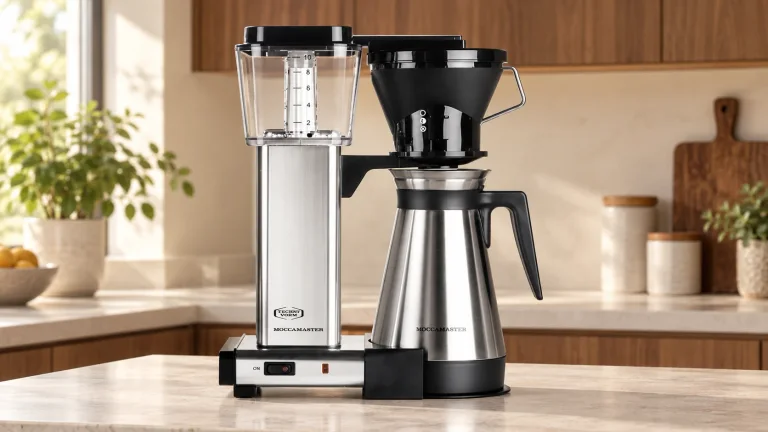 Technivorm Moccamaster KBT 741 in its KBT-741 polished silver 79112 with original stainless-lined thermal carafe configuration on a stone counter in a modern kitchen