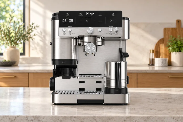 Ninja Premier ES601 on an open stone counter in a modern oak kitchen