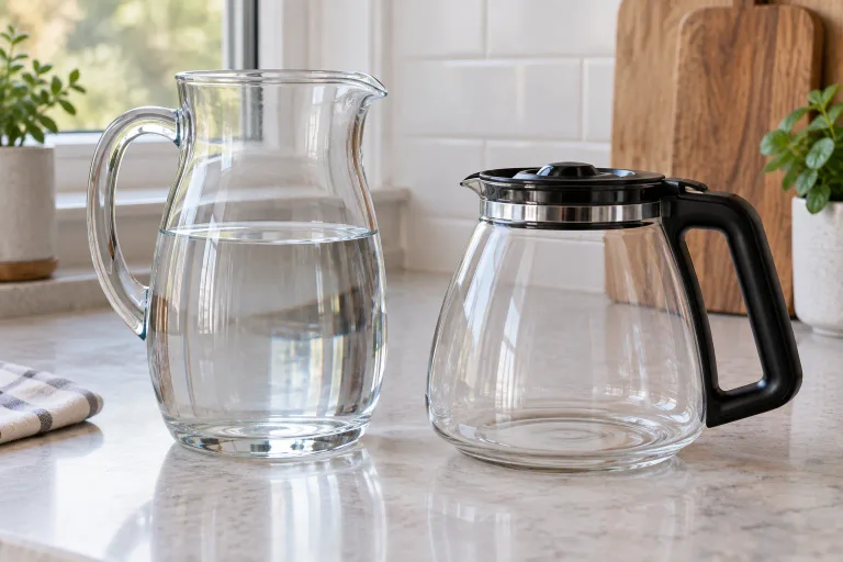 A clear pitcher of fresh water and a separate coffee carafe on a dry counter