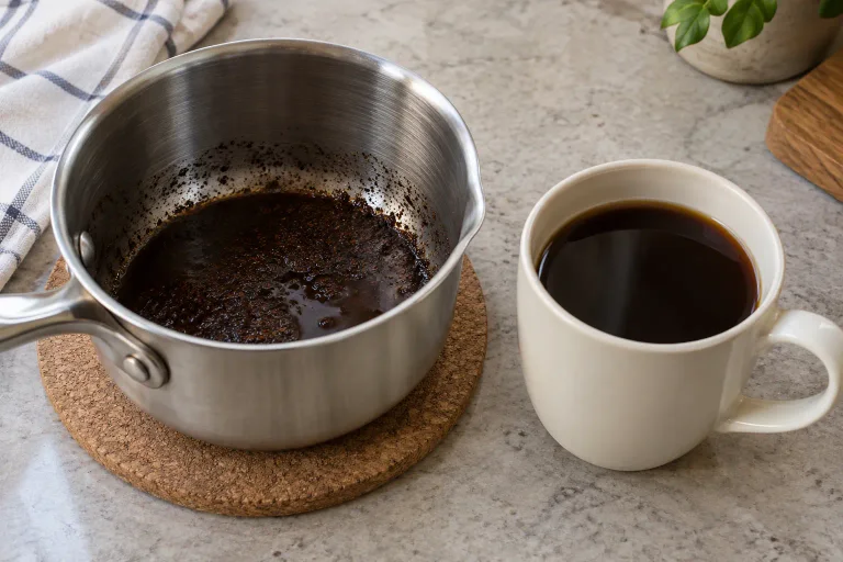 Coffee served in a mug with settled grounds left behind in a saucepan