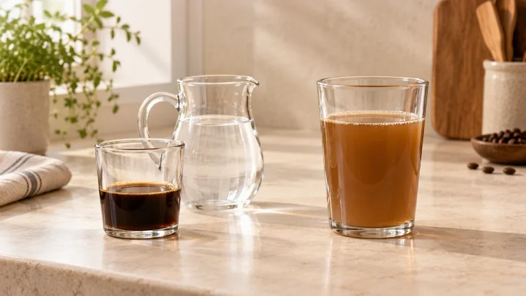 AI illustration of dark coffee concentrate, a water pitcher and a larger diluted drink