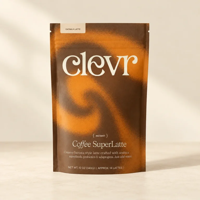 Brown and orange Clevr Coffee SuperLatte 12-ounce pouch