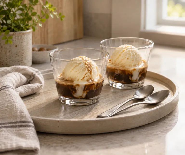 Two individual affogatos with dessert spoons ready to serve