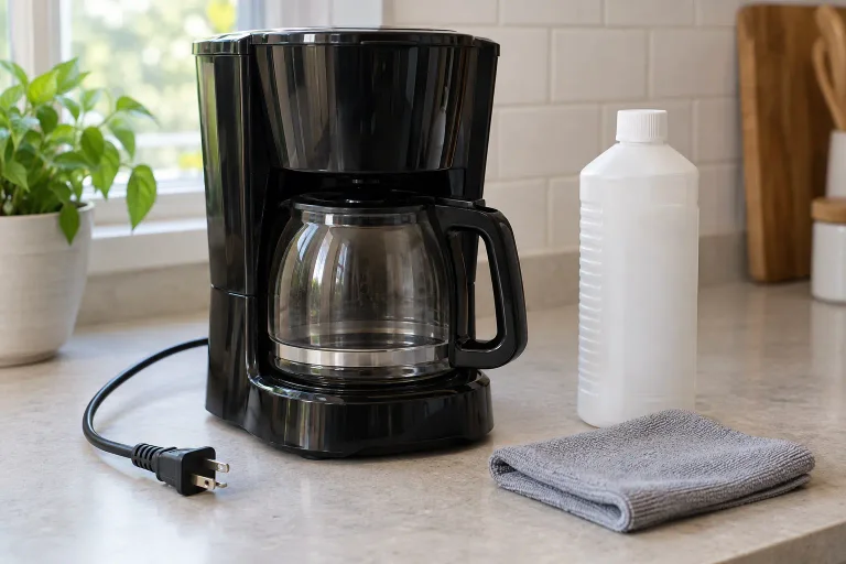 An unplugged coffee maker and closed cleaner bottle prepared on a dry counter