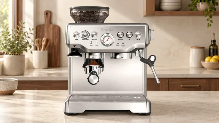 Breville BES870XL Barista Express in its Brushed stainless BES870XL, original pressure-gauge control panel configuration on a stone counter in a modern kitchen