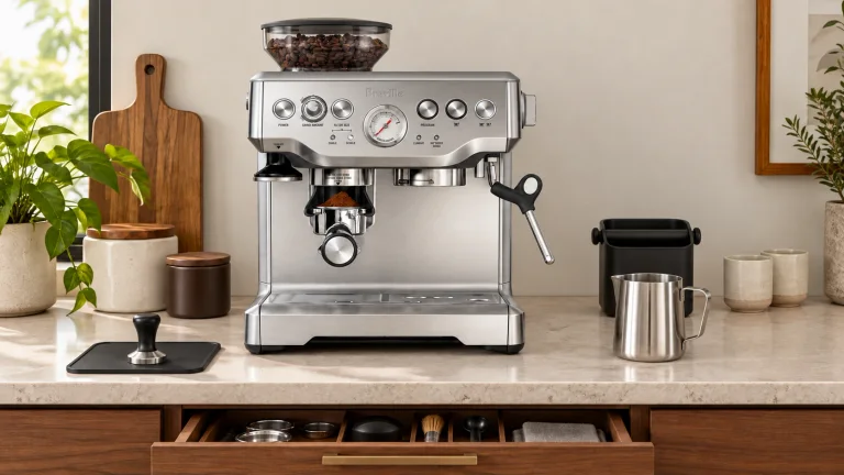 Breville Barista Express on a modern walnut kitchen counter with a tamping area, milk pitcher, knock box and open accessory drawer