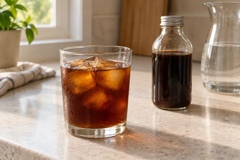 A glass of diluted cold brew over ice beside a small bottle of concentrate