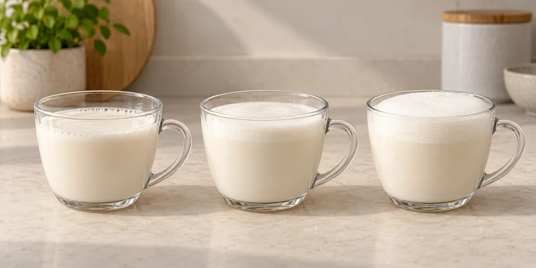 Three cups illustrating progressively more milk foam